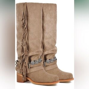 Fringed Tan Boots with Buckle Detail